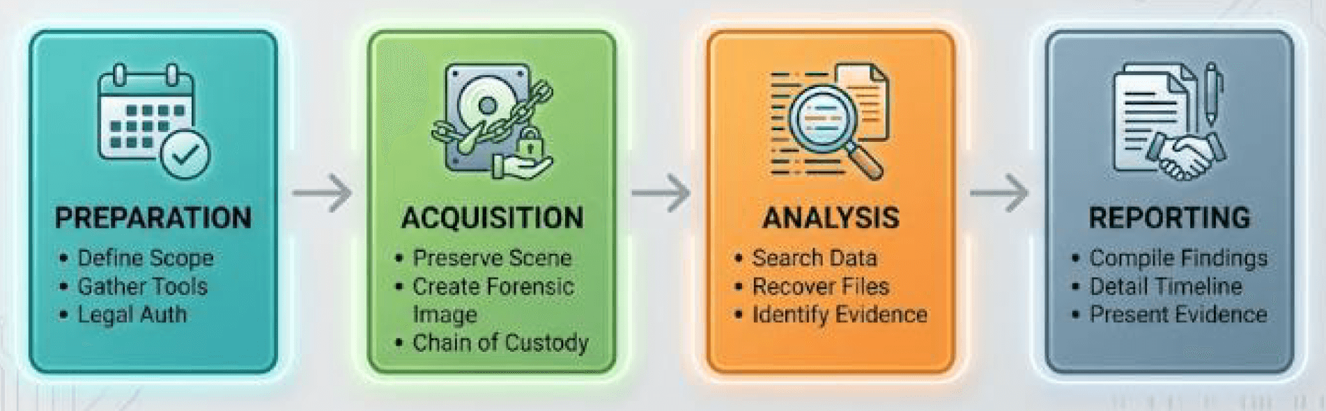 Digital forensic methodology: Preparation, Acquisition, Analysis, Reporting