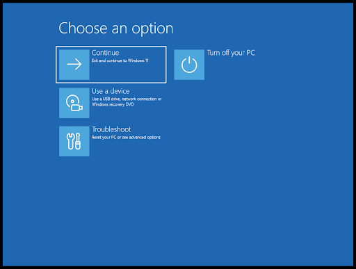 Windows recovery environment menu.