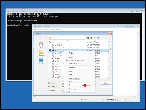 Rename cmd file to Utilman.