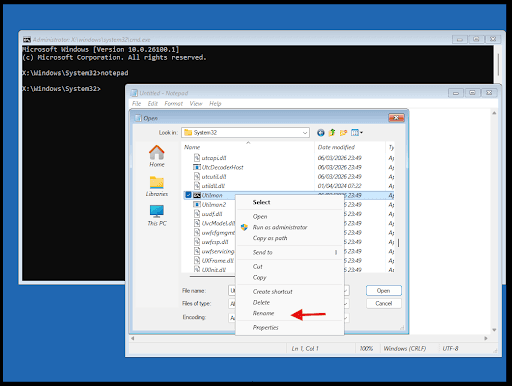 Restore the Utilman and Utilman2 file names to their original names.